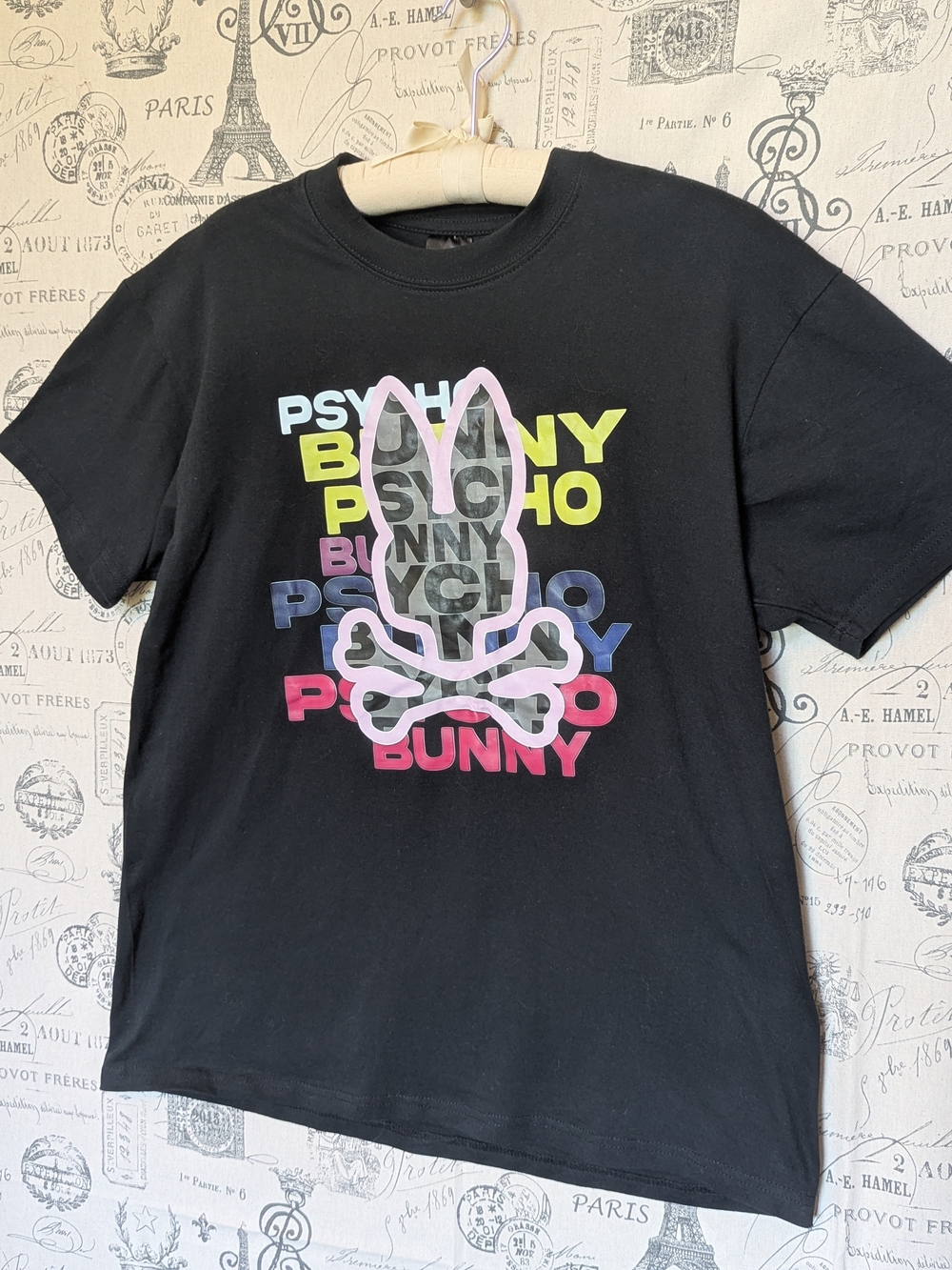 Psycho Bunny Black Tee with Pastel Multicolor Logo